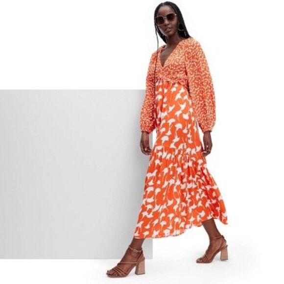 Women's V-Neck Ginkgo Cherry Tomato Maxi Dress - DVF S - Picture 5 of 5